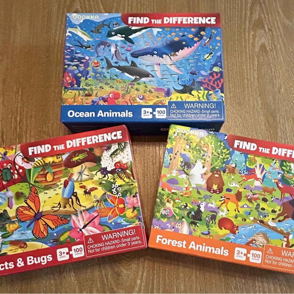 Set of 3 Find The Difference Puzzles. Ocean Animals, Insects, & Forests Animals